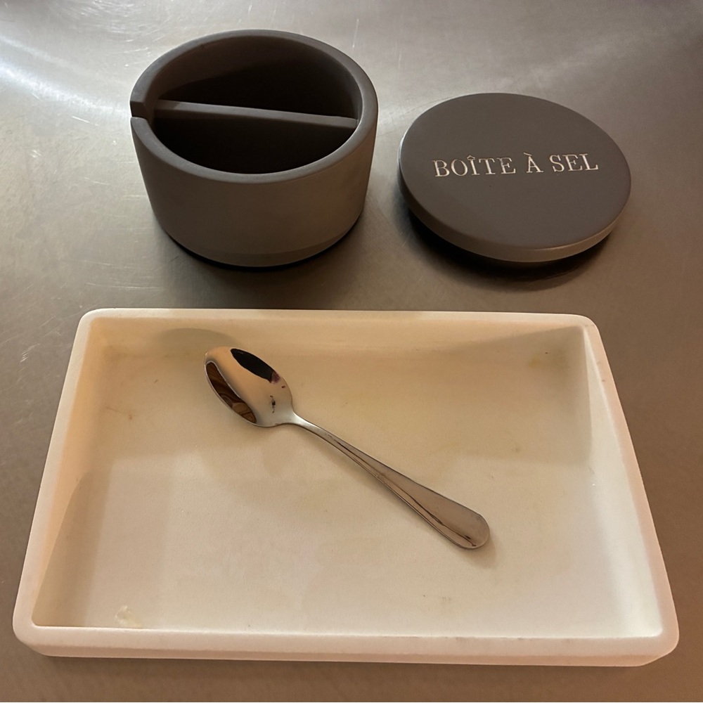 Gray Cement Salt Box with Lid and Spoon and Cream